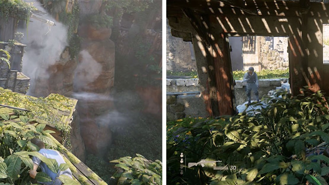 Make sure the coast is clear before jumping to the window (left). When you can’t shimmy any more use the plants for cover (right).