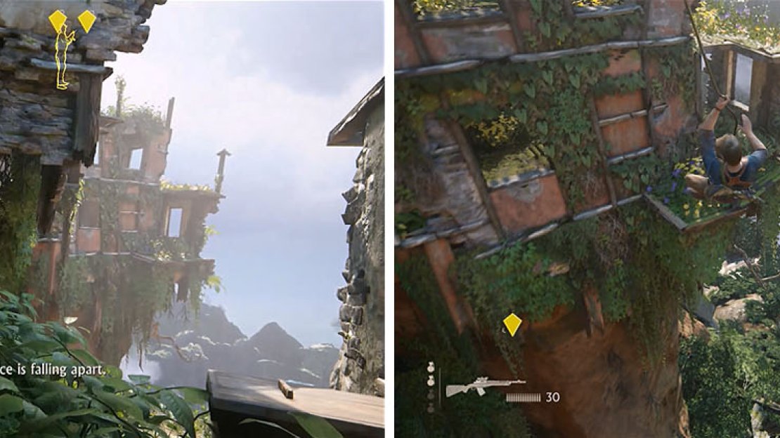 You need to grapple to the building in the center of the area, but don’t worry the enemies shouldn’t detect you even if they turn yellow.