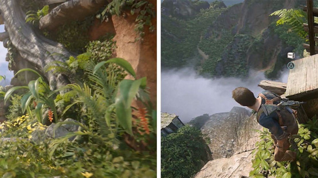 Leap off this ledge (left) to grapple around to a well hidden treasure (right).