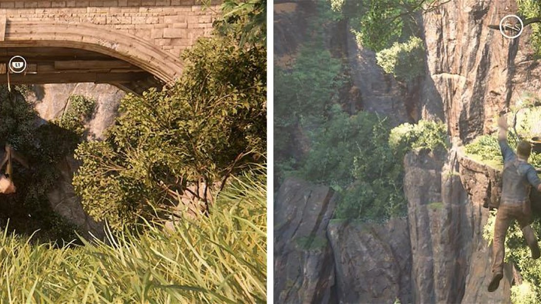 A grappling point will appear as L1 when you’re within range (left), but sometimes you’ll have to be in midair to even spot the grappling icon (right).