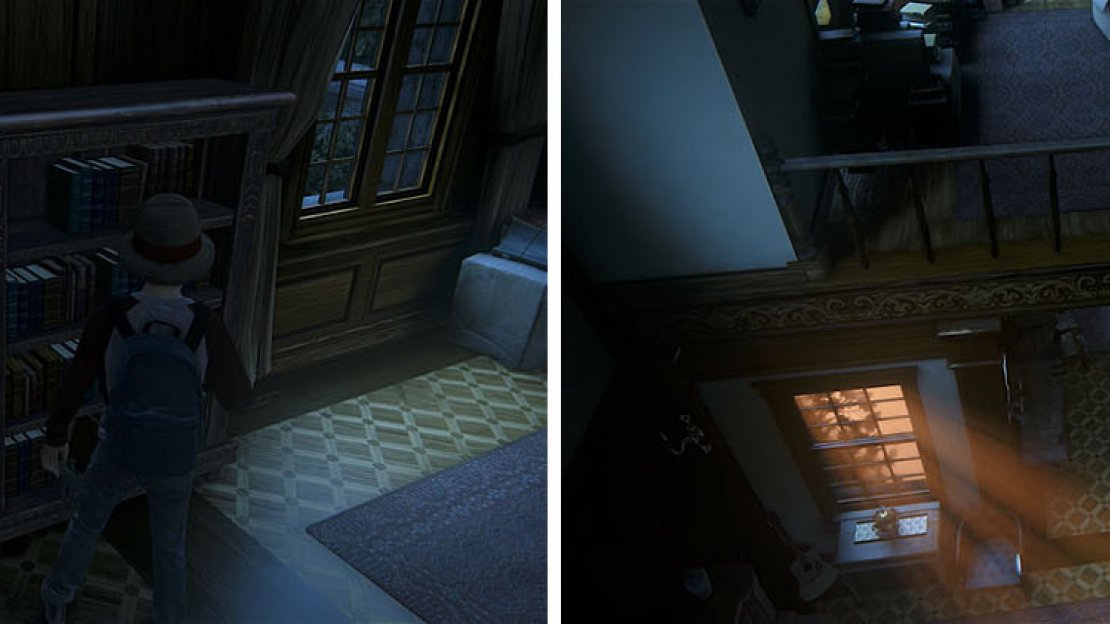 Use the bookcase the jump back on the upper balcony, where you’ll find a treasure.