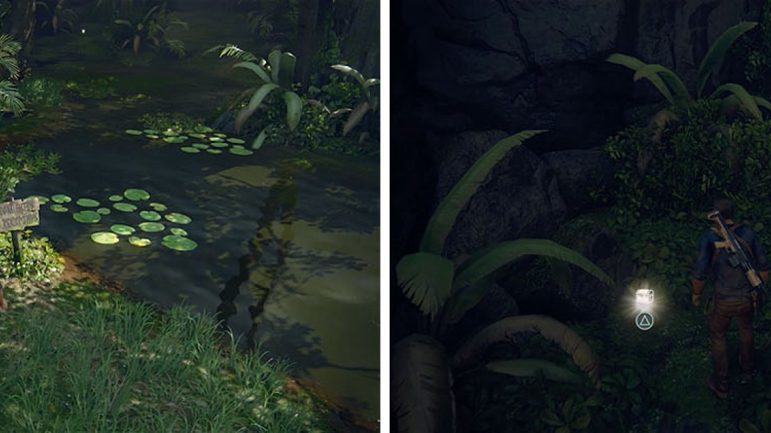 Elena will read this sign for a conversation (left) and then collect the treasure in the back of the area (right).