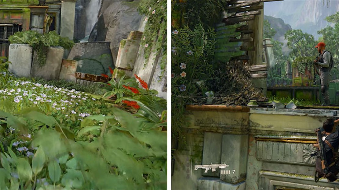 Hide in the plants to kill the first enemy (left) and then pull down the second from the ledge above (right).