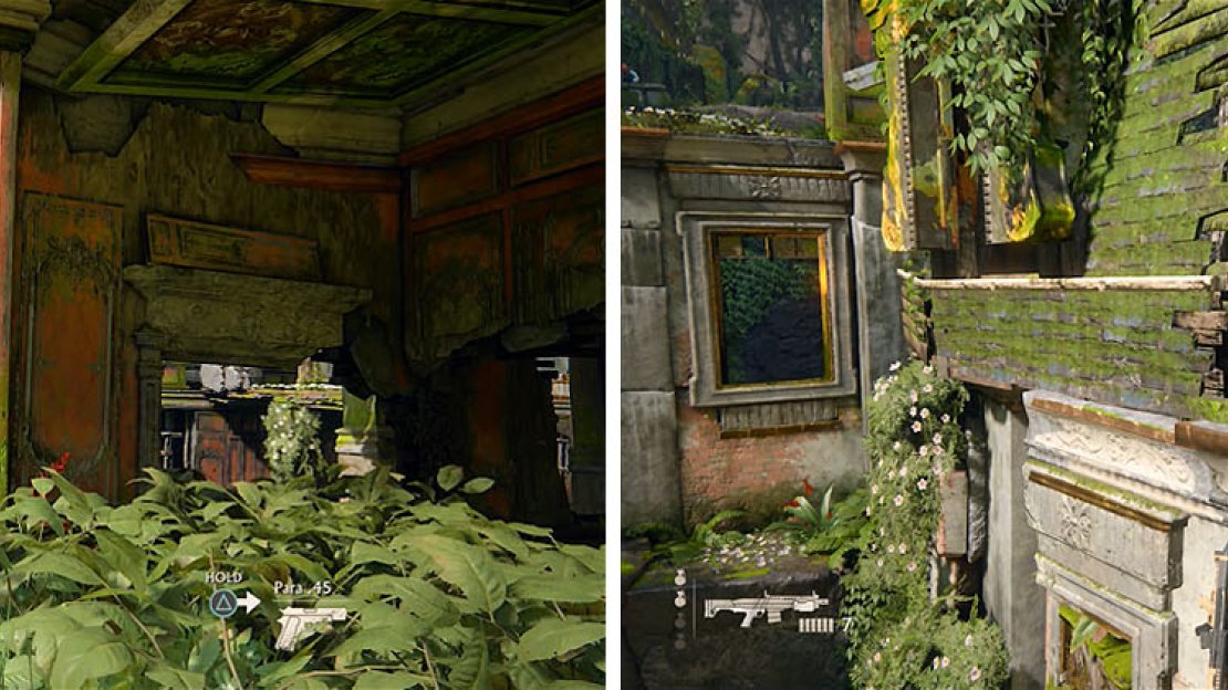 Wait for the enemy in the upper left to move (left) and climb the wall to this ledge where you can’t be seen (right).