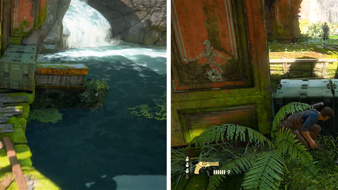 Drop down and kill the enemy when no one is looking (left), especially the patrol near the hole in the next building over (right).