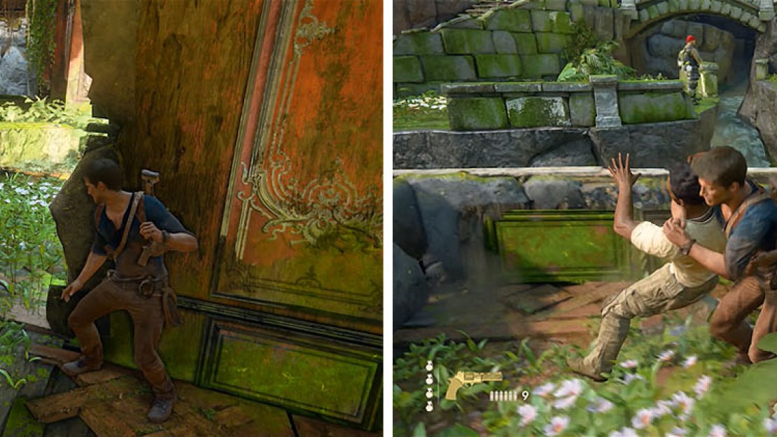 Stealth kill the enemy you avoided earlier (left) and then climb up the platform, where you can kill another enemy from the plant (right).