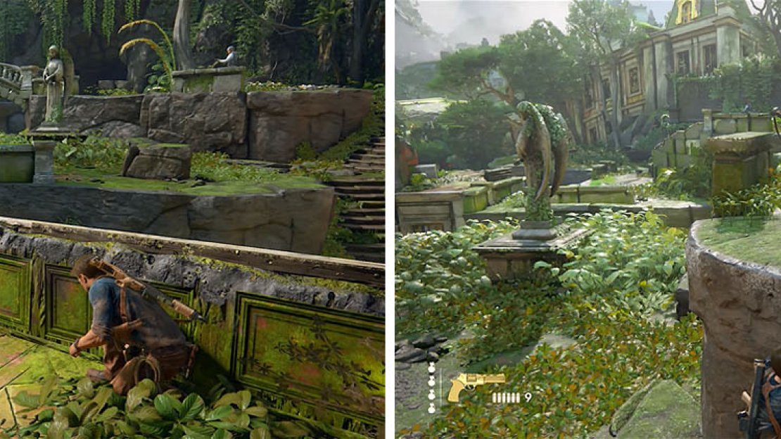 When both enemies are facing away you can hop over the wall (left). Then make your way to the ledge below the enemy in the back (right).