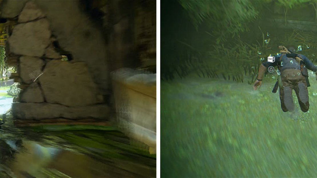 After falling through Want’s mansion (left), check the corner of the building underwater to find a treasure (right).