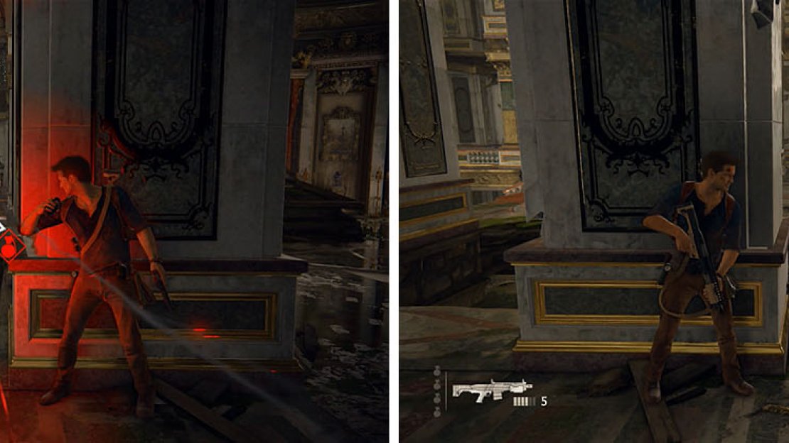 Toss grenades at the enemy with the DShK (left) and then head up the ramp on the right to find better cover (right).