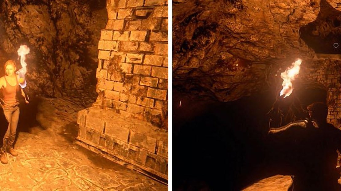 Grab the torch from Elena and then boost her up through the hole in the ceiling.