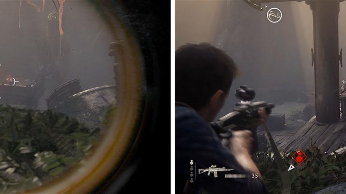 Focus on the sniper first with a scoped weapon, if you have one (left). The remaining enemies can be taken out as you advance forward (right).
