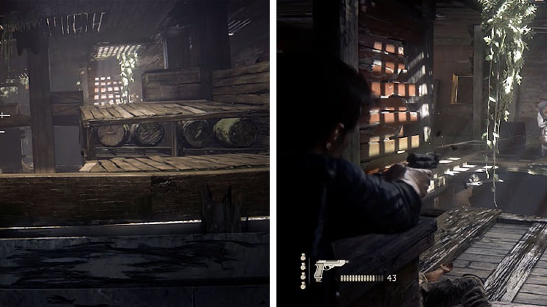 Take out the enemy with the grenade launcher on the upper level first (left) and then deal with the remaining enemies (right).