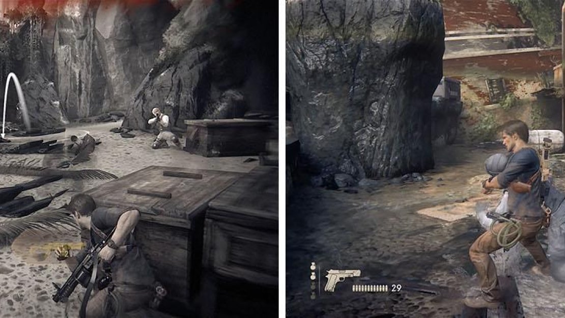 Watch out for the shotgun reinforcements (left). In the next area try and kill some enemies with stealth (right).