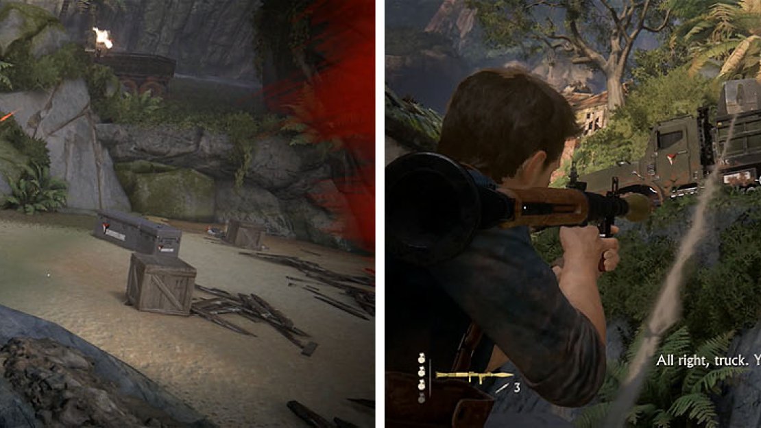 When you reach these crates a group of enemies will drop down (left). Grab the RPG nearby and shoot the turret truck for some revenge (right).