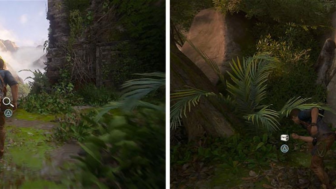 After spotting Sam’s footprints (left) grapple the tree and turn around to find a ledge with a treasure (right).