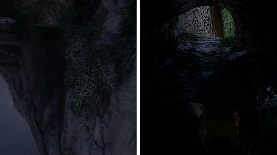 While hanging above Avery’s ship look for a ledge at the top of the cavern (left) to find a treasure inside the tunnel (right).