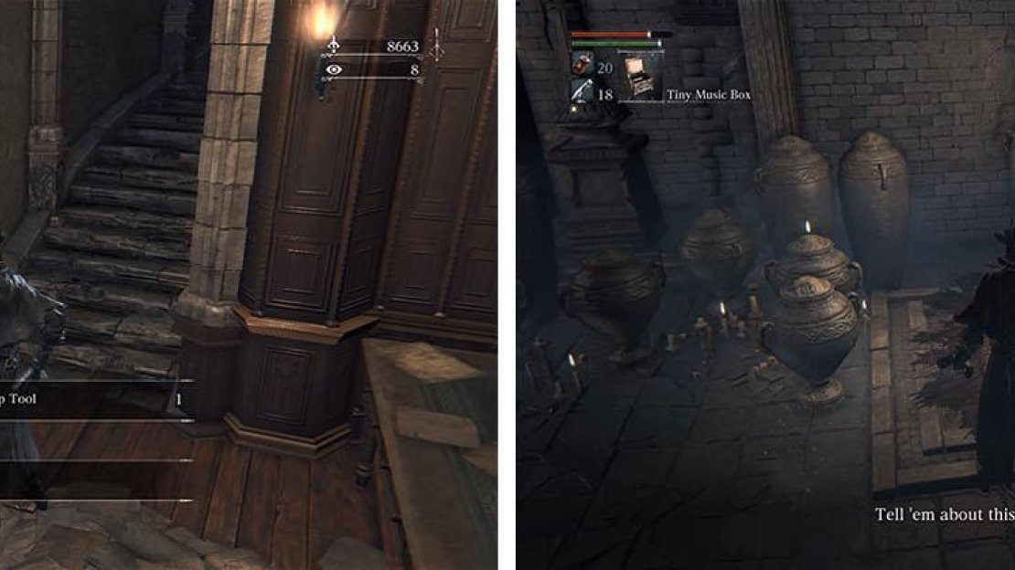 Grab the Workshop Tool, to add Blood Gems to your weapons, and then speak with the NPC.