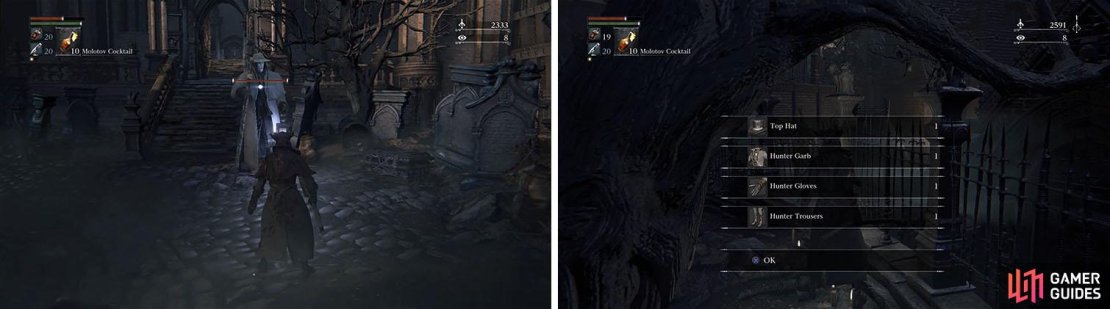 Deal with the Church Servants in the yard and then pick up the second Hunters Set.