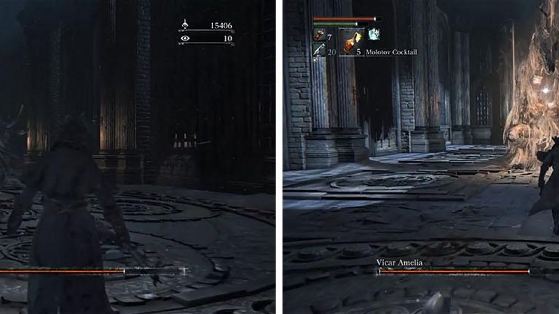 At the beginning of the fight the Vicar will seem to pray before slamming to the ground (left). Later, when she is below 50%, she will then pray to heal damage (right).