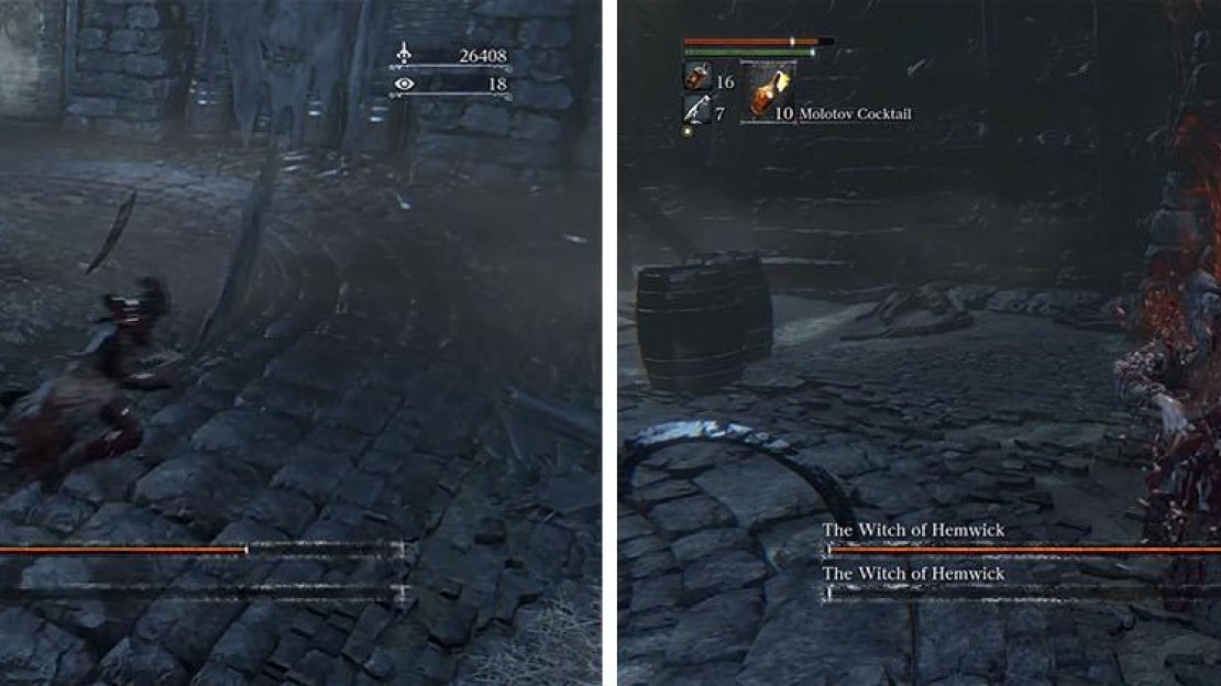 Avoid the paralysis spell by rolling to the side (left) or you’ll find your eyes being gouged out and the doppelganger witch revived (right).