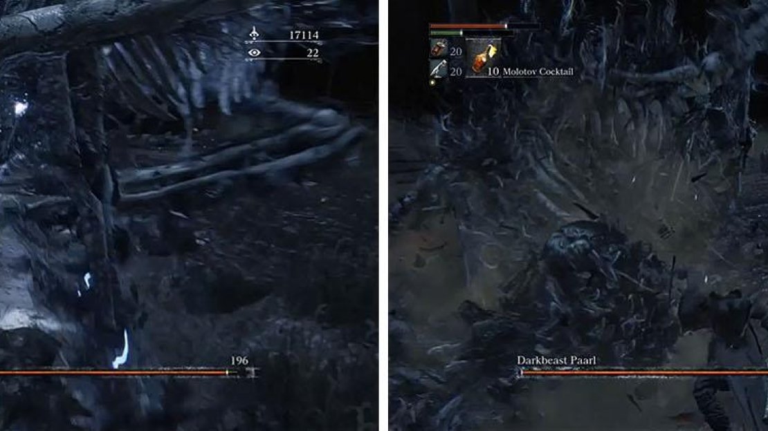 Stay under Paarl where it is safe and after he performs an attack go all out on his head (left). In no time this should cause him to fall and become vulnerable to visceral attacks (right).