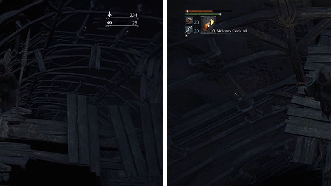 Fall from the broken platform above (left) to land on a platform directly above the Abandoned Old Workshop (right).