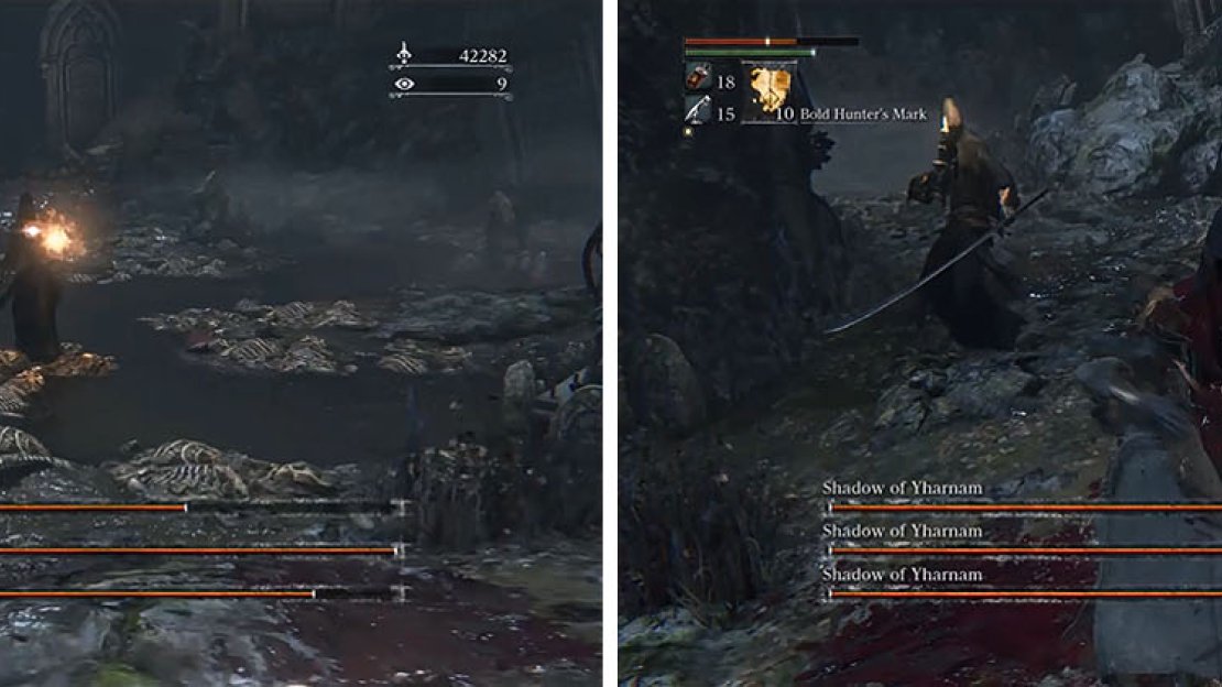 Separate the caster from the other Shadows to get in some hits and lower his health (left). Then use your firearm to create visceral attack opportunities on the other two (right).