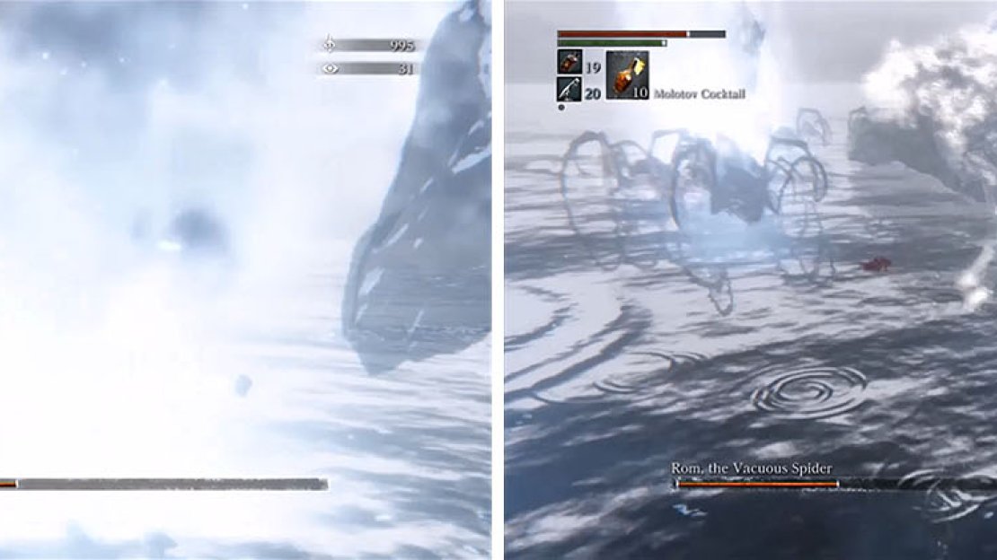 In Phase 2 Rom will summon deadly magic from the sky (left) or the water (right), so make sure that you keep mobile or close to Rom to avoid his magic.