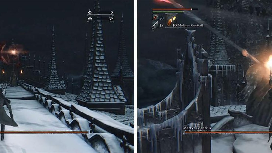 Avoid the initial magic attack (left) and when you get close you can focus on using your firearm to stagger Logarius (right).