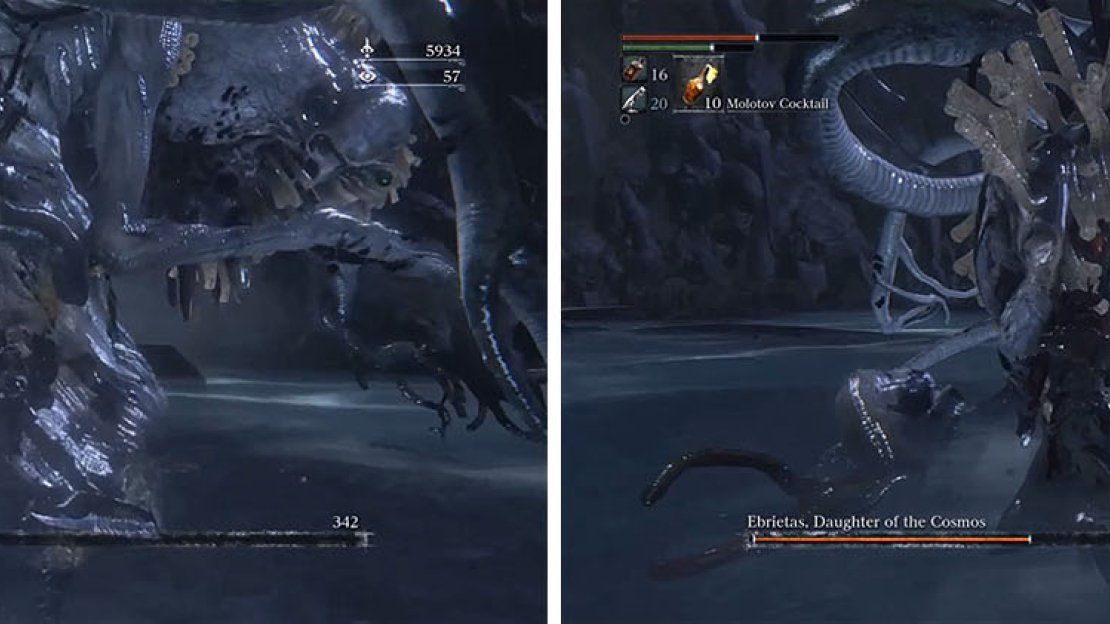 Stick to Ebrietas’ sides, avoiding her attacks, and luring her to use her Head Smash (left). Keep this up until you do enough damage to perform a visceral attack (right).