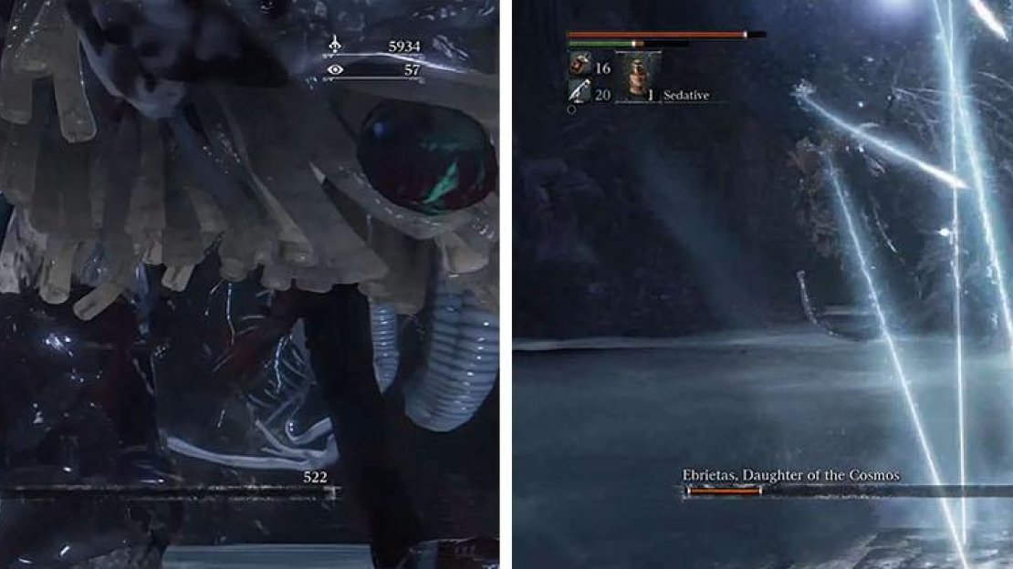 When Ebrietas begins enters Phase 2 you’ll want to focus all you attacks on her head (left). If the fight continue, watch out for her Star Shower attack and dodge right (right).