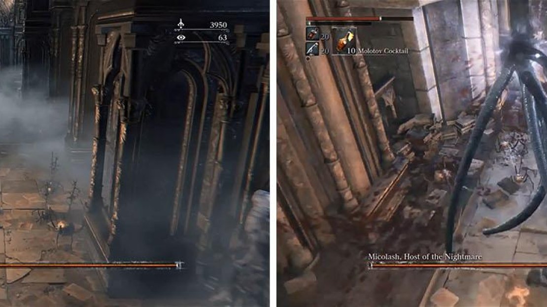 Chase Micolash through the library and into a corner of the library (left). You can now go in for the attack, while avoiding the Augur of Ebrietas (right).