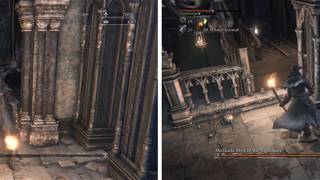 When Micolash locks himself behind the large gate (left) head upstairs and find the small gap, near the huge fall above the bridge, to find him again (right).