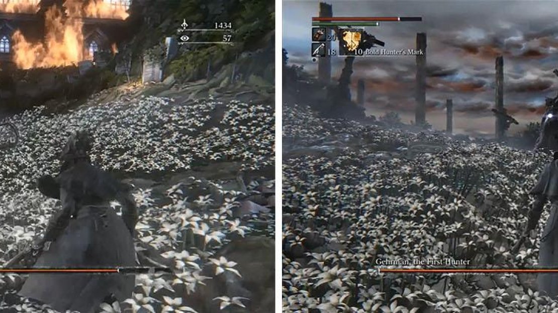 Keep your distance to avoid Gehrman’s attack, which have extremely long range (left). When he finally uses his Scythe Charge wait until the last second to fire your weapon (right).