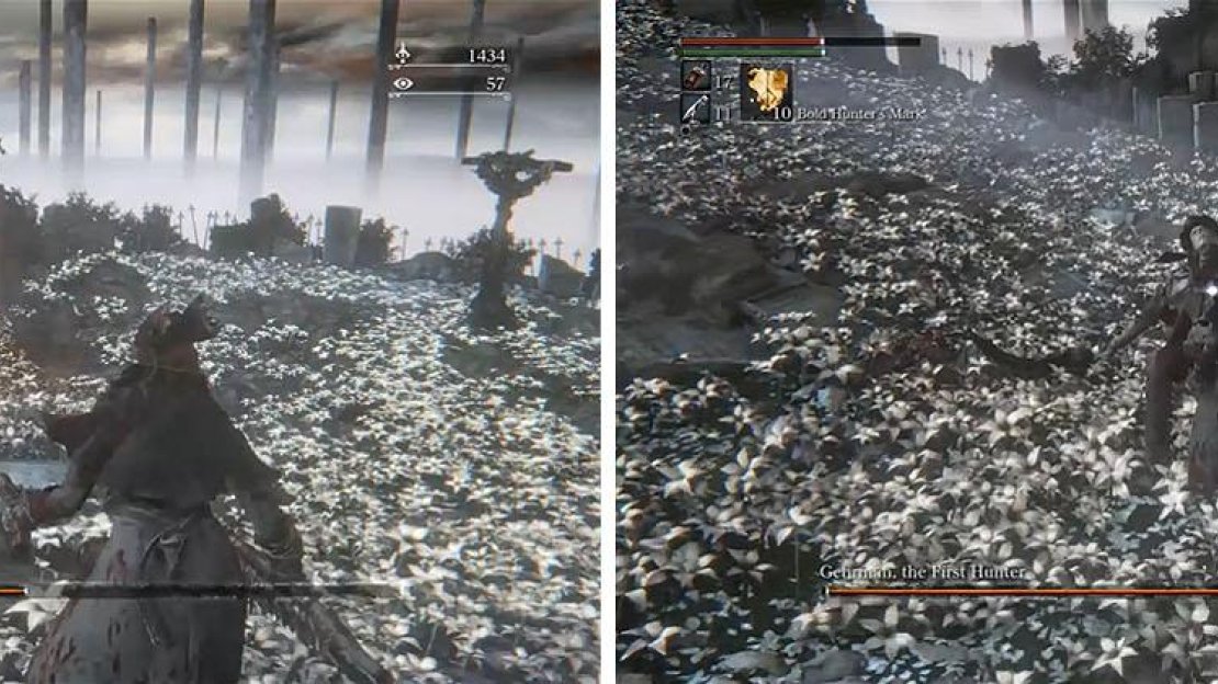 Continue to keep your distance while avoiding Gehrman’s firearm (left) and then stagger him when he performs a roll to inflict him with a visceral attack (right).