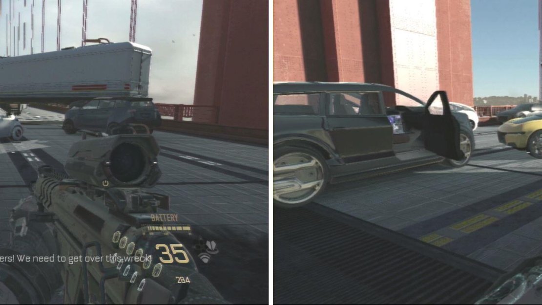 Around 380m from the objective marker, check the left side of the yellow car to find it inside another car.