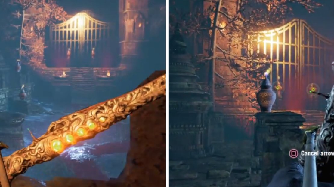 There are urns around the arena that you can shoot to make them explode, which is how you’re going to blast open the gate.