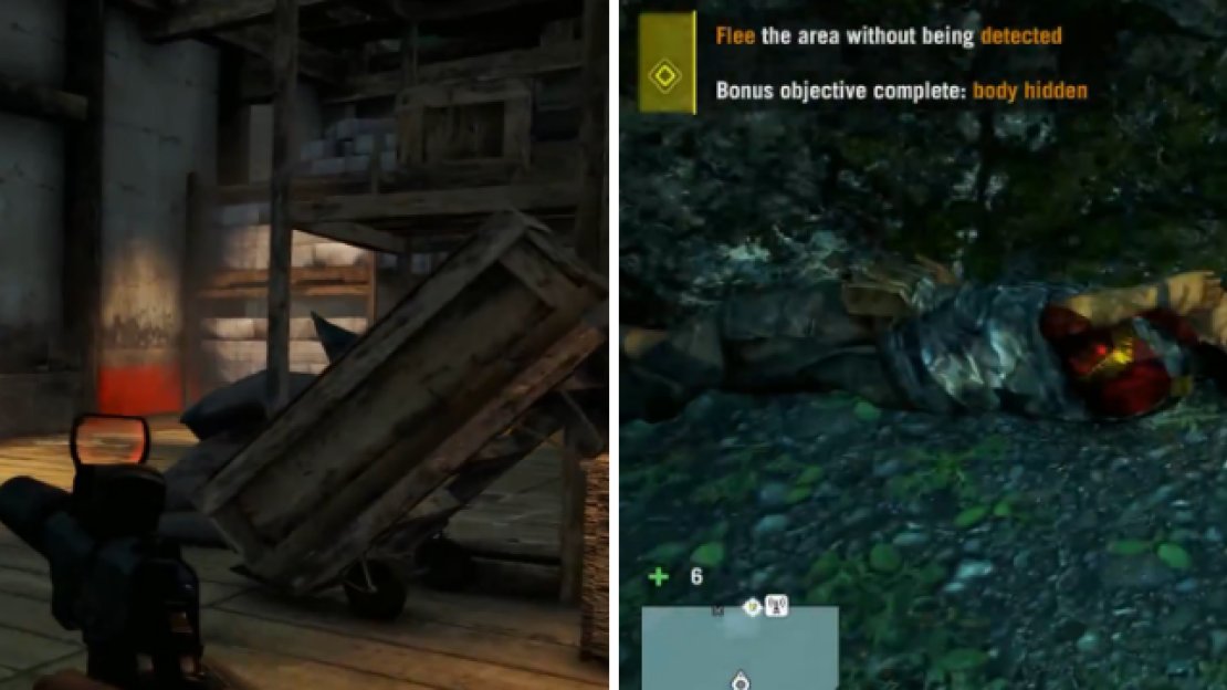 Commanders will have a yellow tag, different than the red one other enemies have (left). Also, you can hide their bodies at designated spots for a bonus (right).