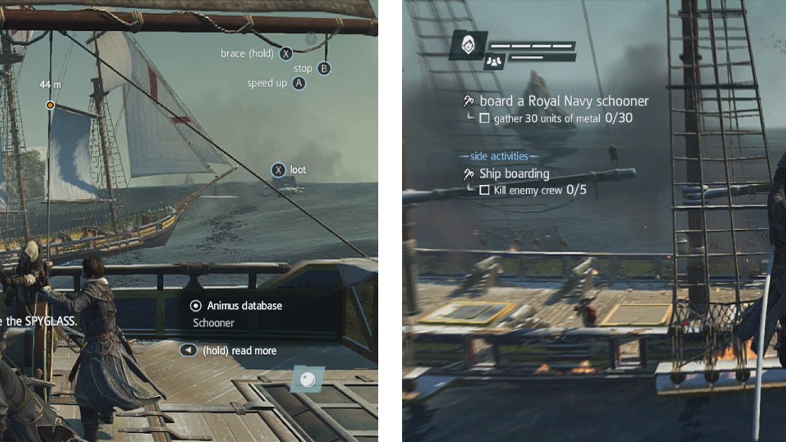 Find and attack a schooner (left) to incapactitate it. Afterwards, board it (right) and kill the crew.