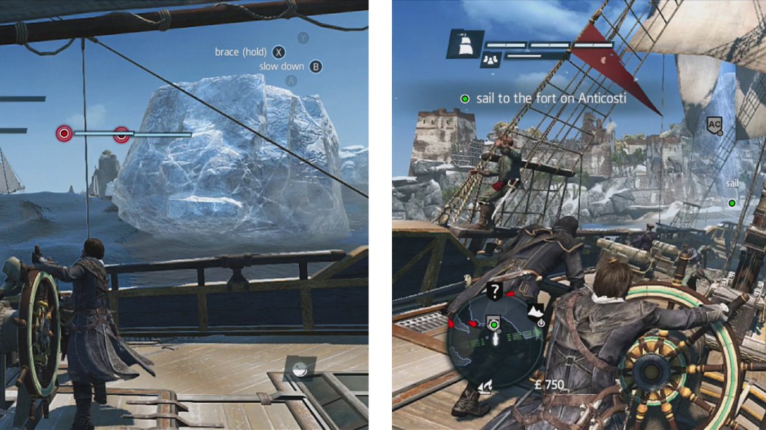Destroy icebergs to damage the gunships (left). Once you have cleared the ships, sail for Anticosti (right).