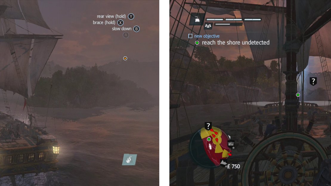 As you move through the channel, sail to the left of the island (left) to avoid detection. Dock at the area indicated (right).
