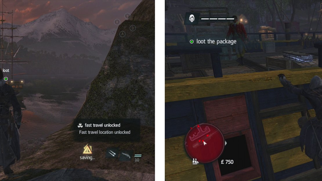 When you reach the view point, look for the ship to the right (left). Swim out and approach from the sea, climb up and grab the chest undetected (right).