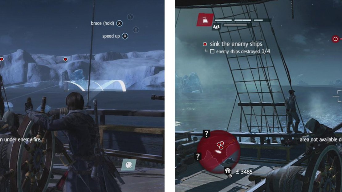 Fight off the frigate (left) and use your Puckle Gun (right) to take down the gunships for the optional objective!