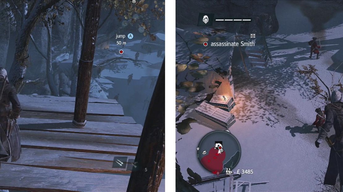 Climb the sniper’s tower to find a treetop pathway (left). Follow this to the end for an easy air assassination on our target (right).