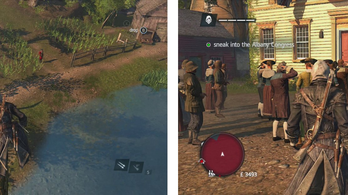 Dive into the haystack (left), deal with the guards here and work your way through the cane fields and into town (right).