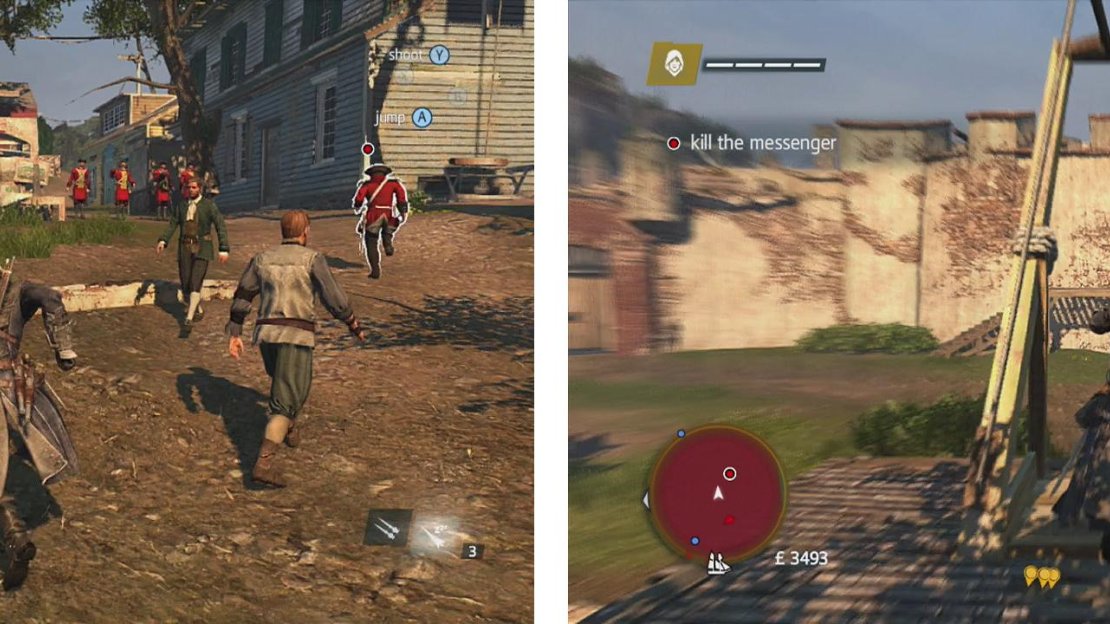 Chase after the messenger (left) and use the rope (right) to swing out and air assassinate him.