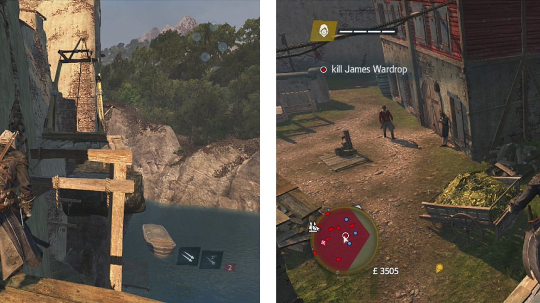 Enter the fort via the south wall of the fort (left), identify the target and use either the sniper tower or awning (right) to air assassinate him.