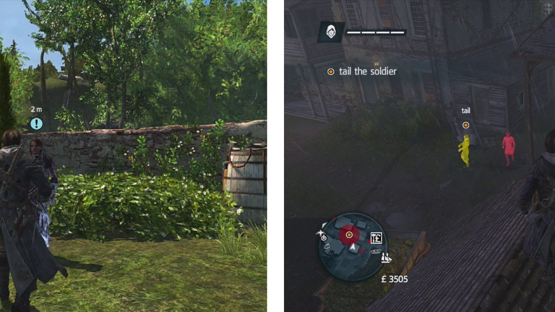 After starting the mission (left), head over to the warehouse nearby to find the target (right).