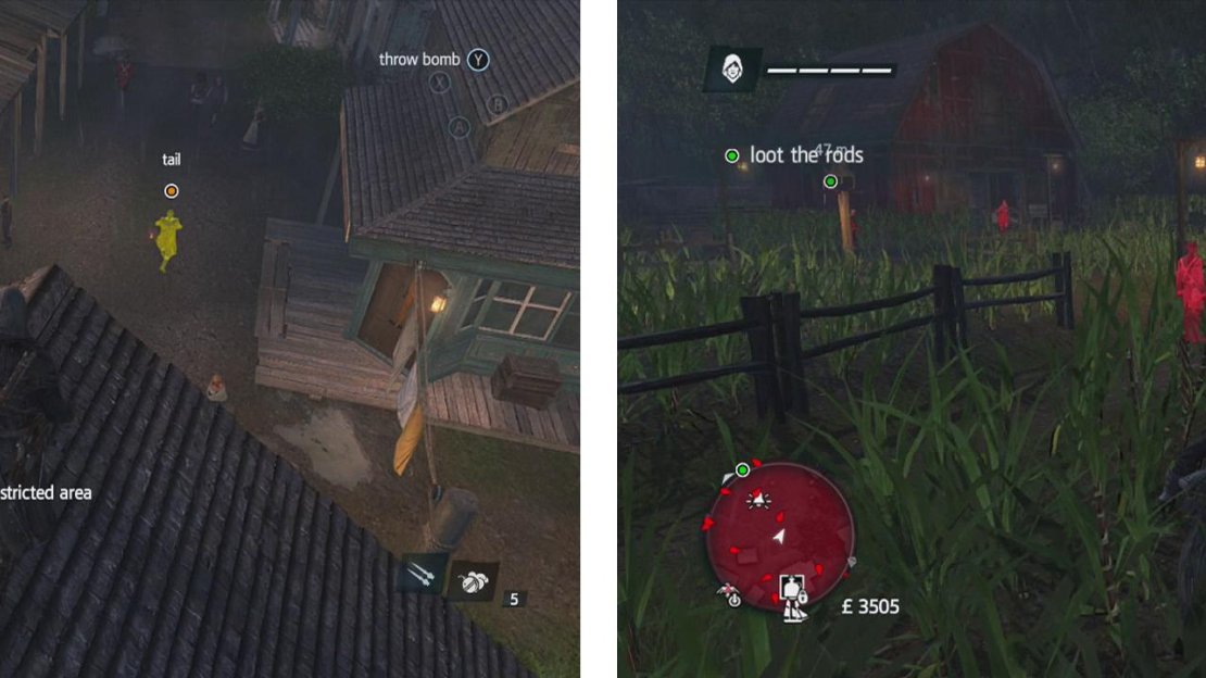 Follow the target through a short tailing sequence (left) until he reaches a barn (right).