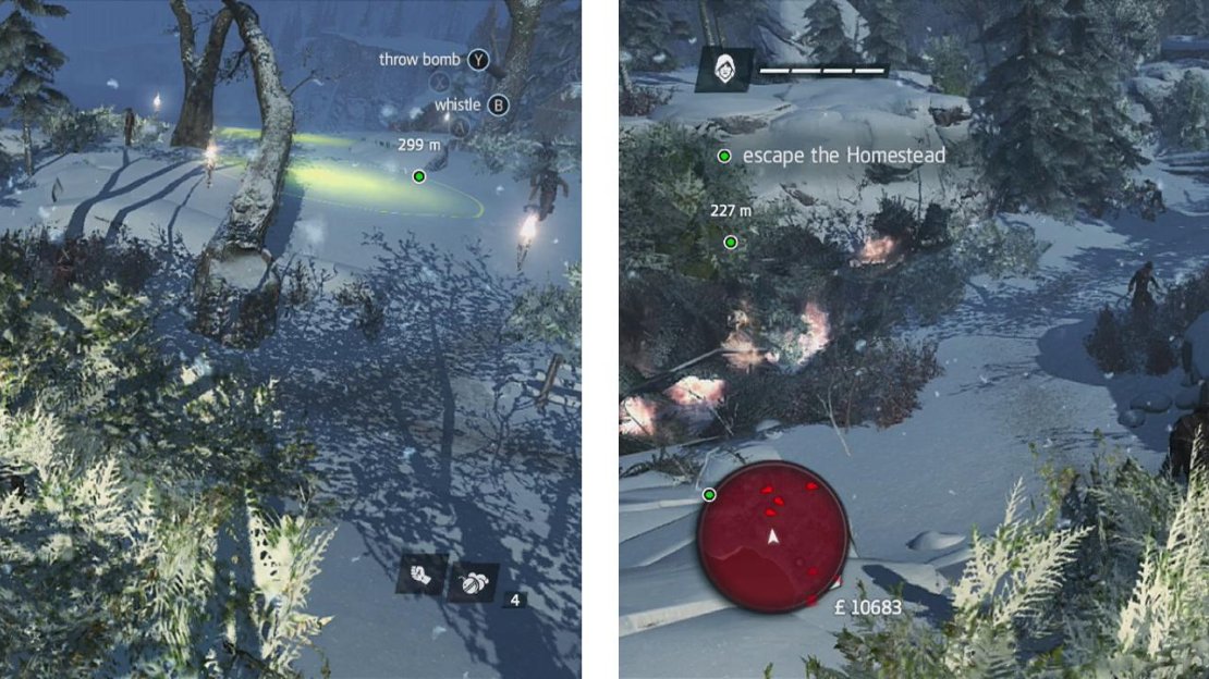 Use the treetop pathway to get across the mortar fire (left) and work your way through the bushes (right) until you reach the next area.